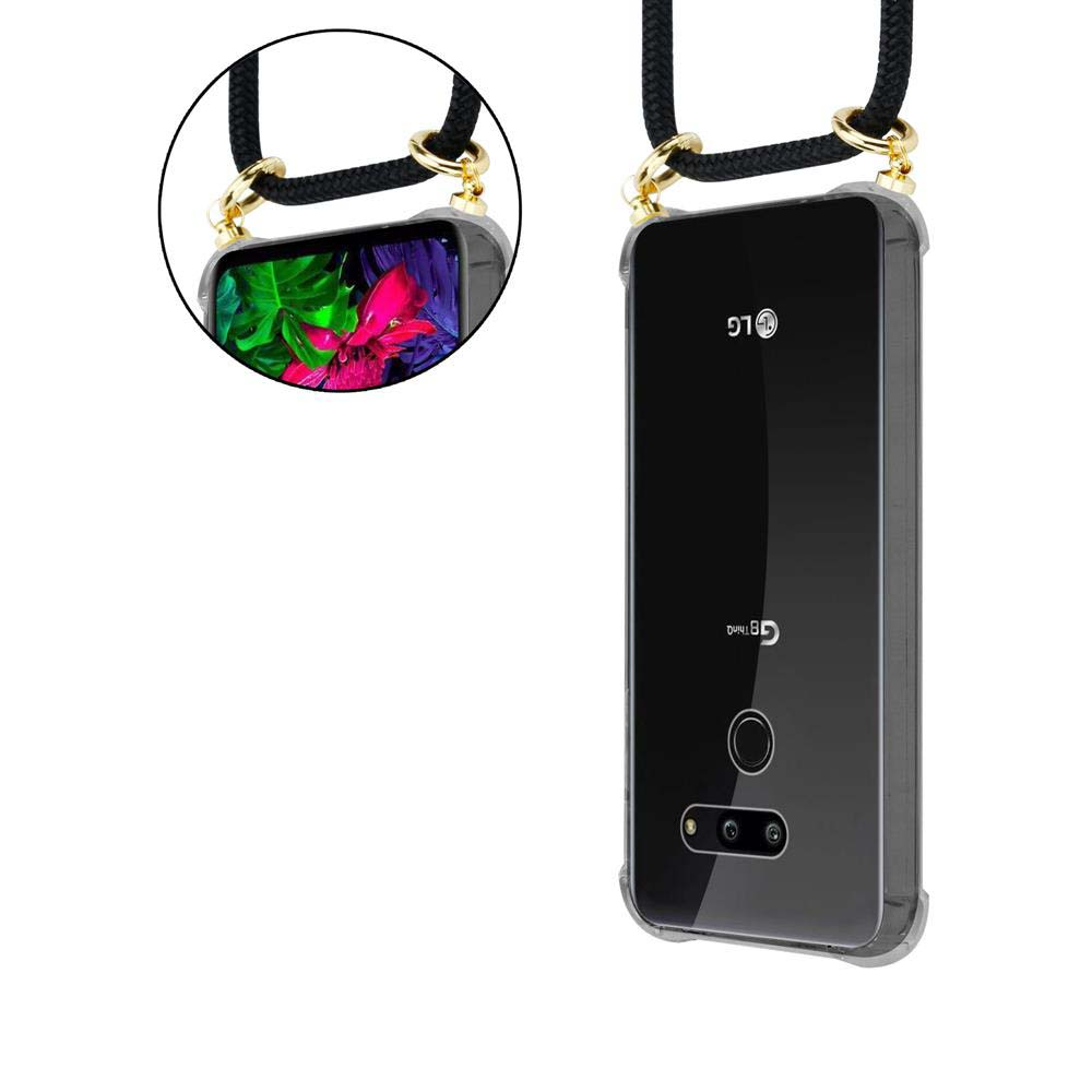 Ein LG-Smartphone mit transparentem Gehäuse und Lanyard, Vorder- und Rückseite.