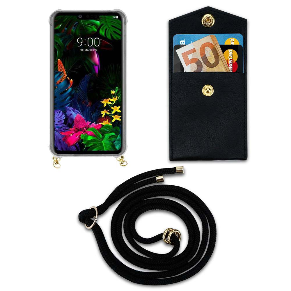 Ein Smartphone mit Blumen-Hintergrund, eine schwarze Tasche mit Karten und Geld, eine schwarze Kordel.