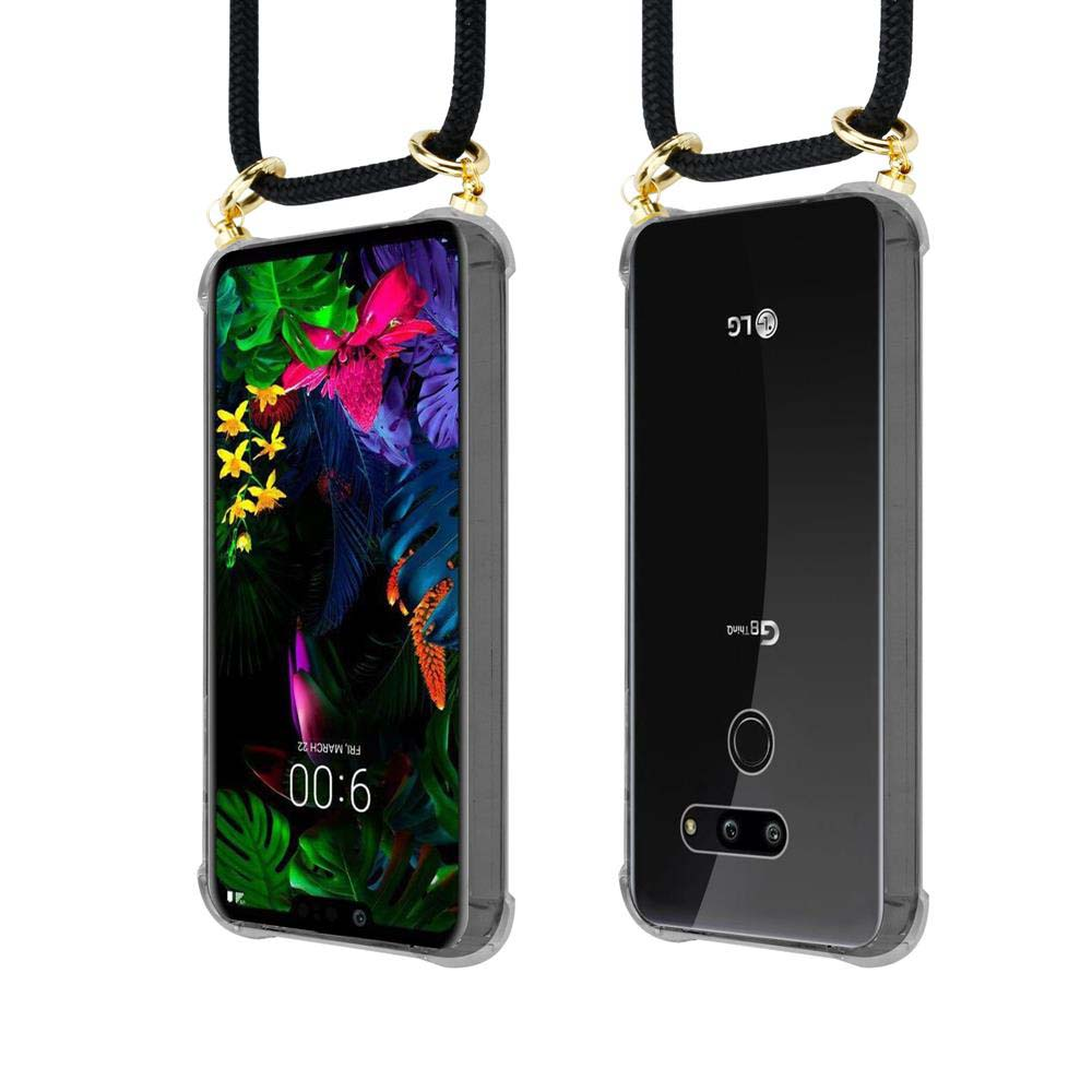 Zwei LG-Smartphones mit Schnüren hängen nebeneinander. Eines zeigt den Bildschirm.