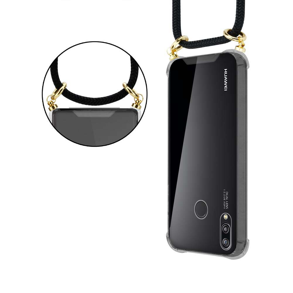 Uno smartphone nero con un cinturino attaccato alla custodia.