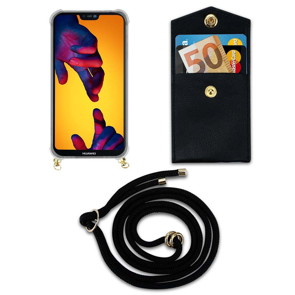 Smartphone in custodia, portafoglio nero con soldi e carte, cordino nero.