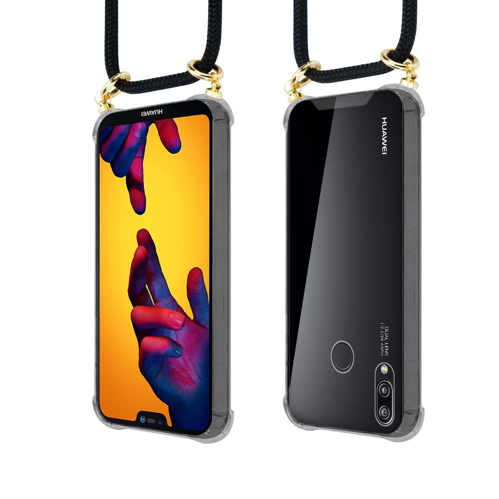 Due telefoni Huawei con cordino. Uno mostra una mano su sfondo giallo.