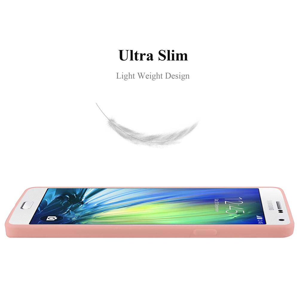 Ein rosafarbenes Smartphone mit einem Feather-Symbol und Text.