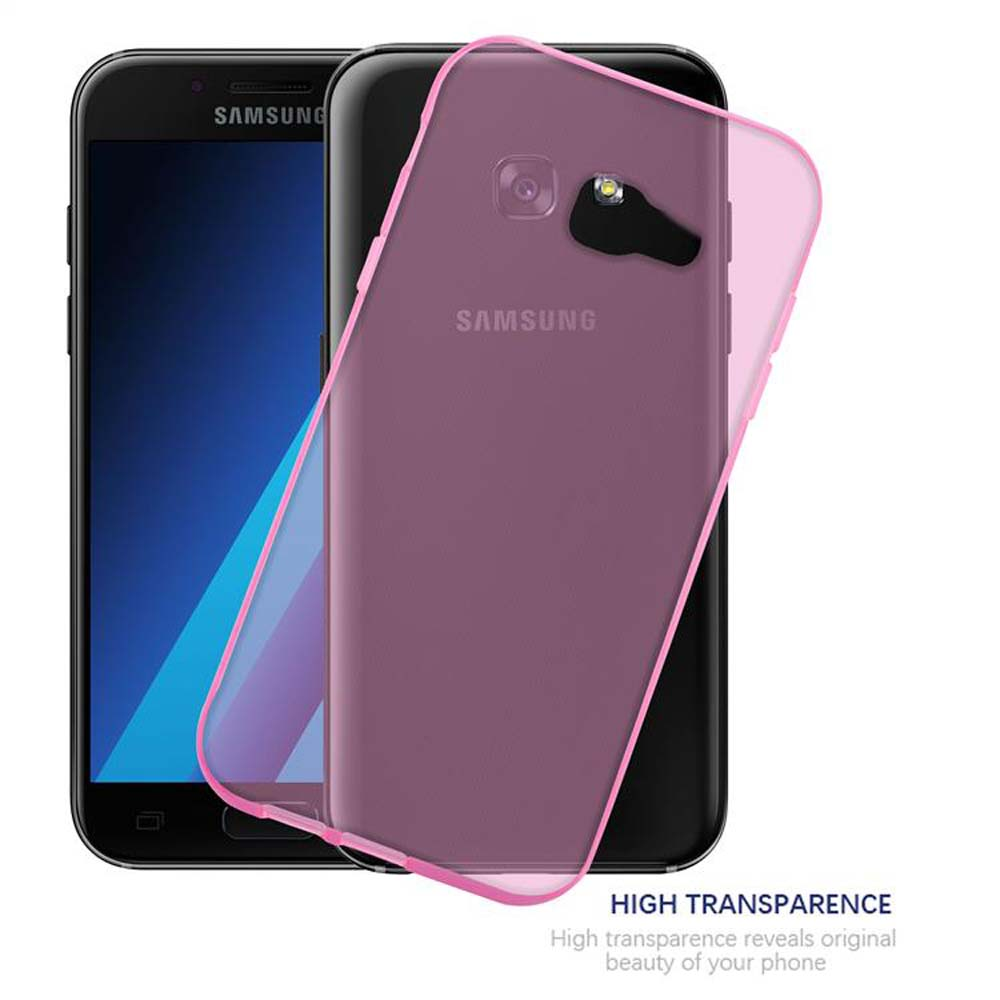 Ein Samsung Smartphone mit einer durchsichtigen, rosafarbenen Hülle.