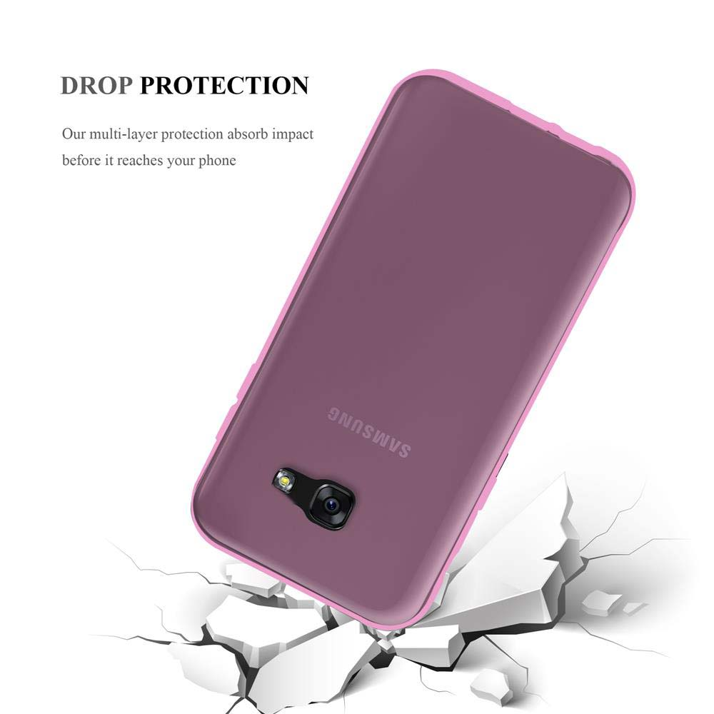 Lila Handyhülle mit "DROP PROTECTION"-Text fällt auf zerbrochene weiße Oberfläche.