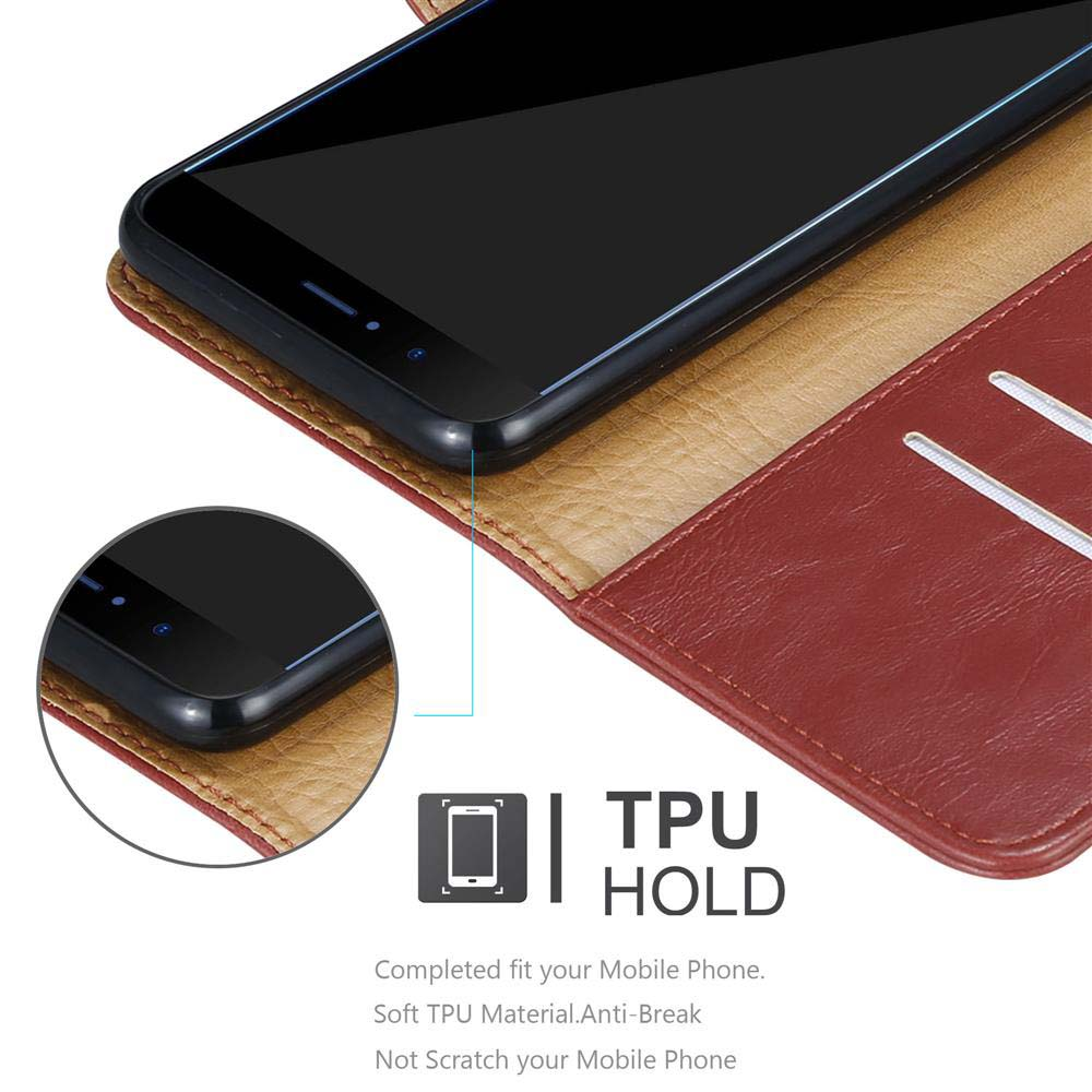 Un telefono cellulare in una custodia marrone con supporto in TPU e fessure per carte.