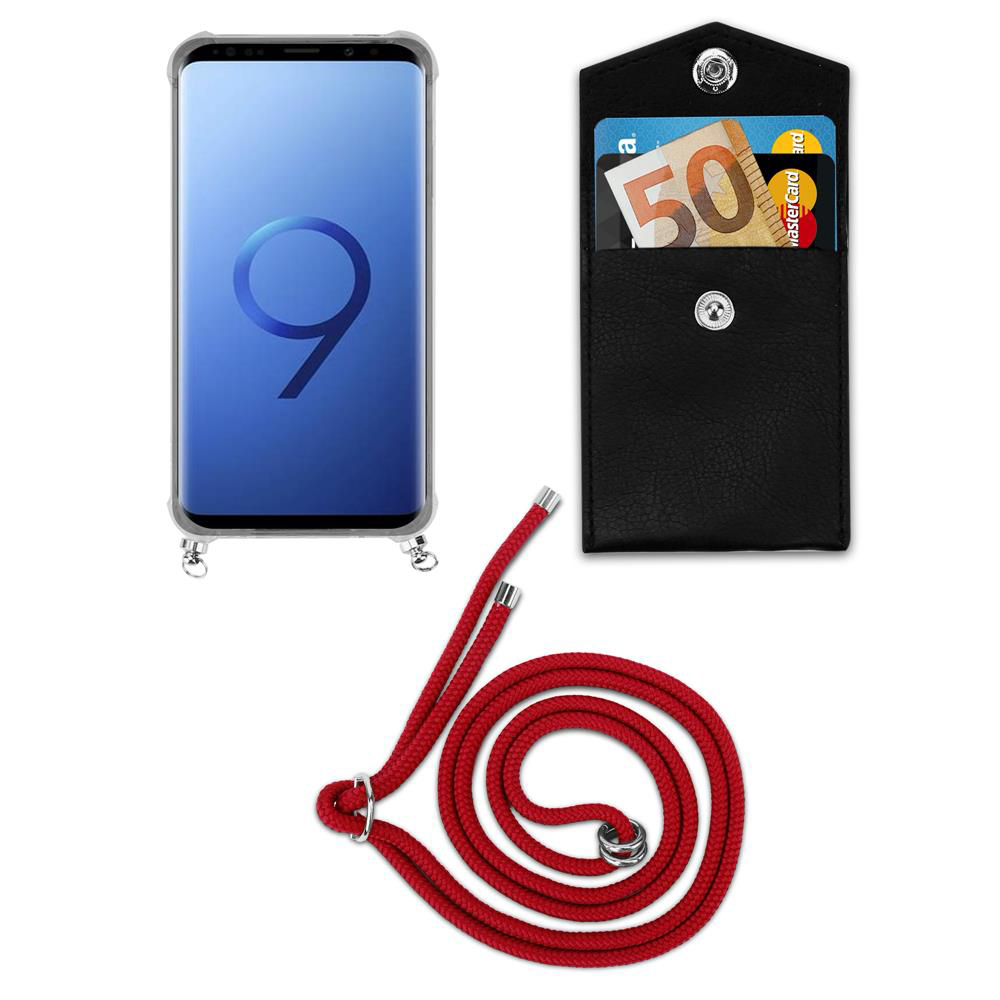 Uno smartphone in custodia, un portafoglio nero con 50 euro e un cordino rosso.