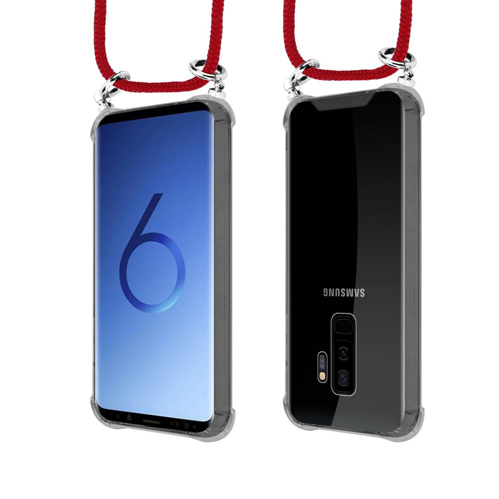 Due smartphone in custodie trasparenti con cordini rossi.