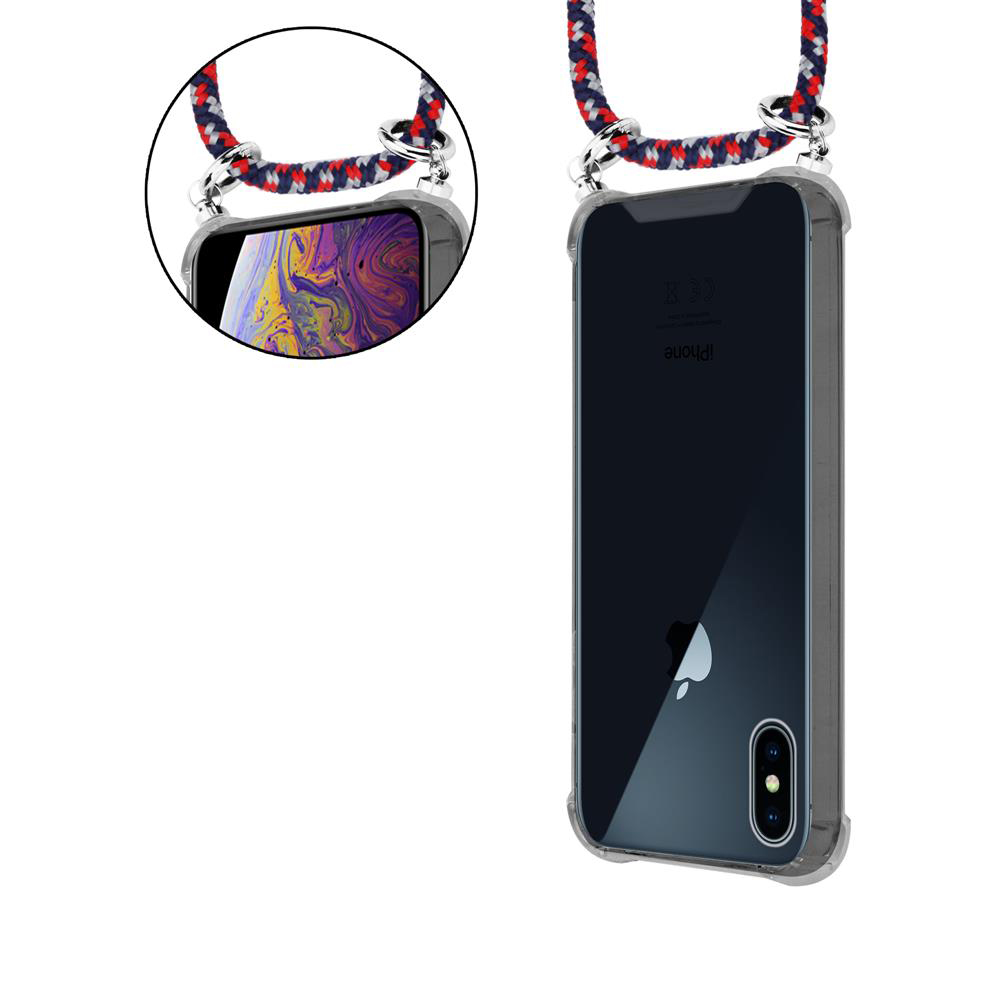 Ein durchsichtiges iPhone-Etui mit einem bunten Band, das über den Bildschirm und die Rückseite verläuft.