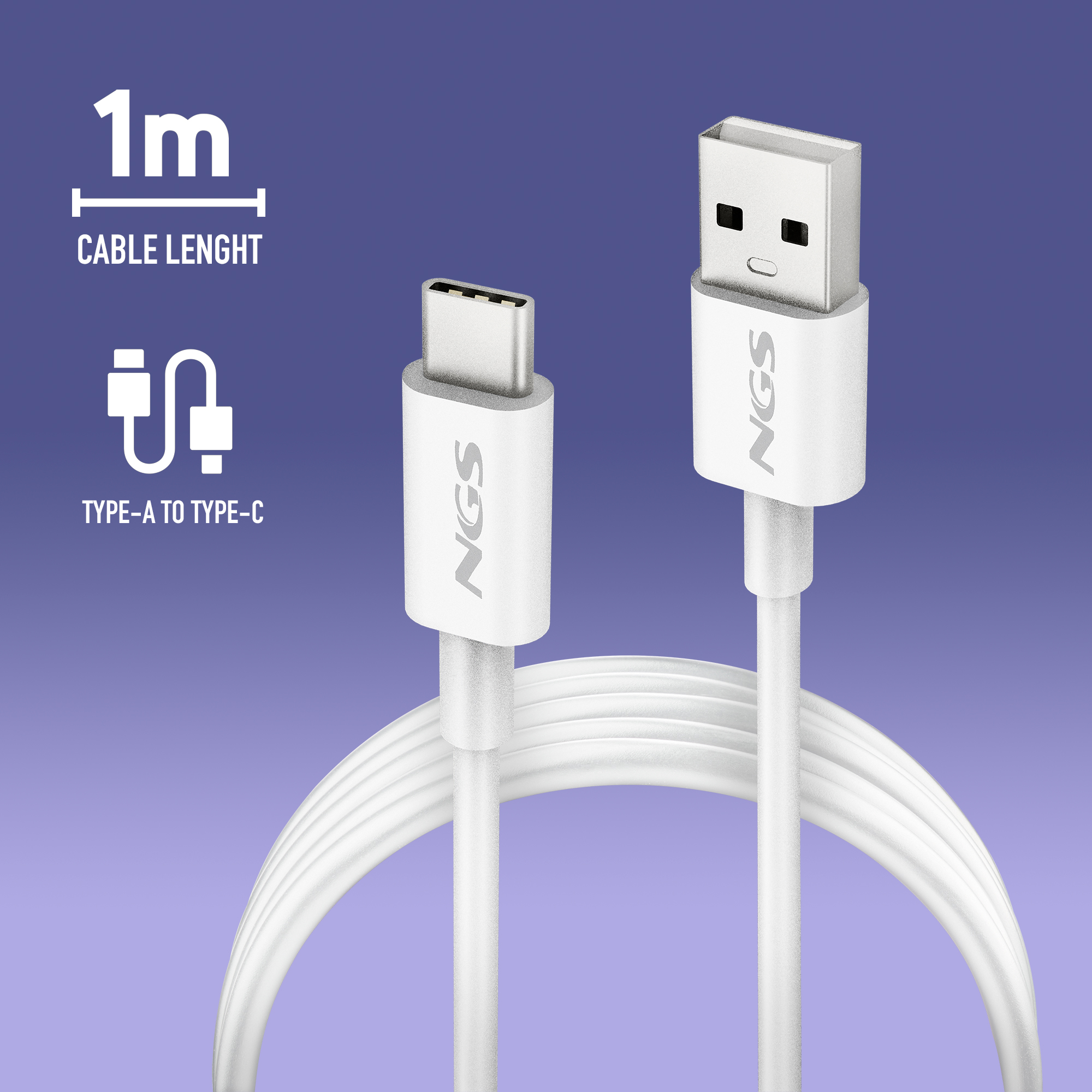 Un cavo bianco da USB-A a USB-C da 1m giace su sfondo viola.