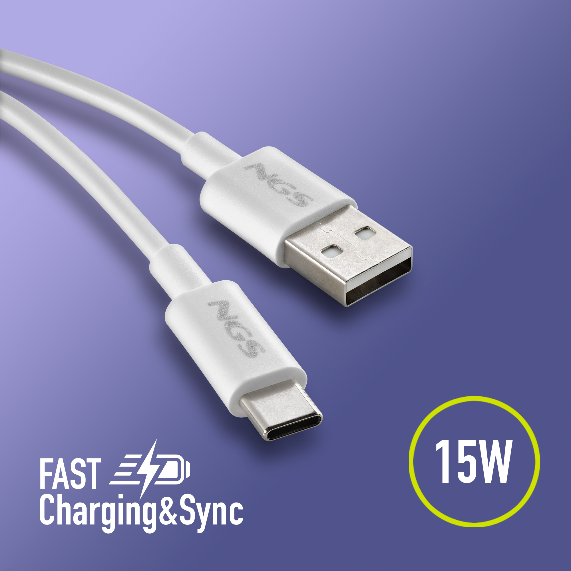 Cavo USB-C a USB-A bianco con ricarica rapida 15W e logo NGS.
