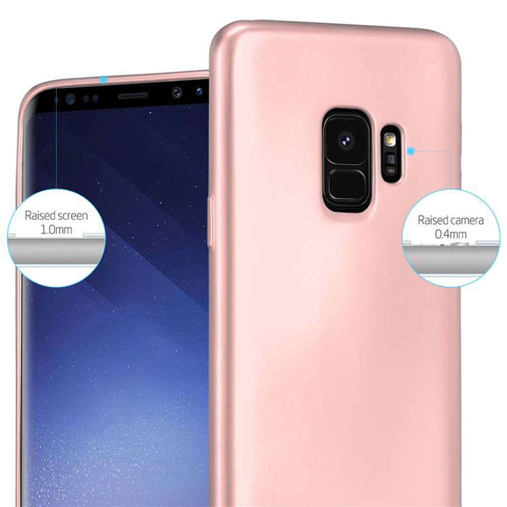 Un telefono rosa in custodia, che mostra schermo e fotocamera rialzati.