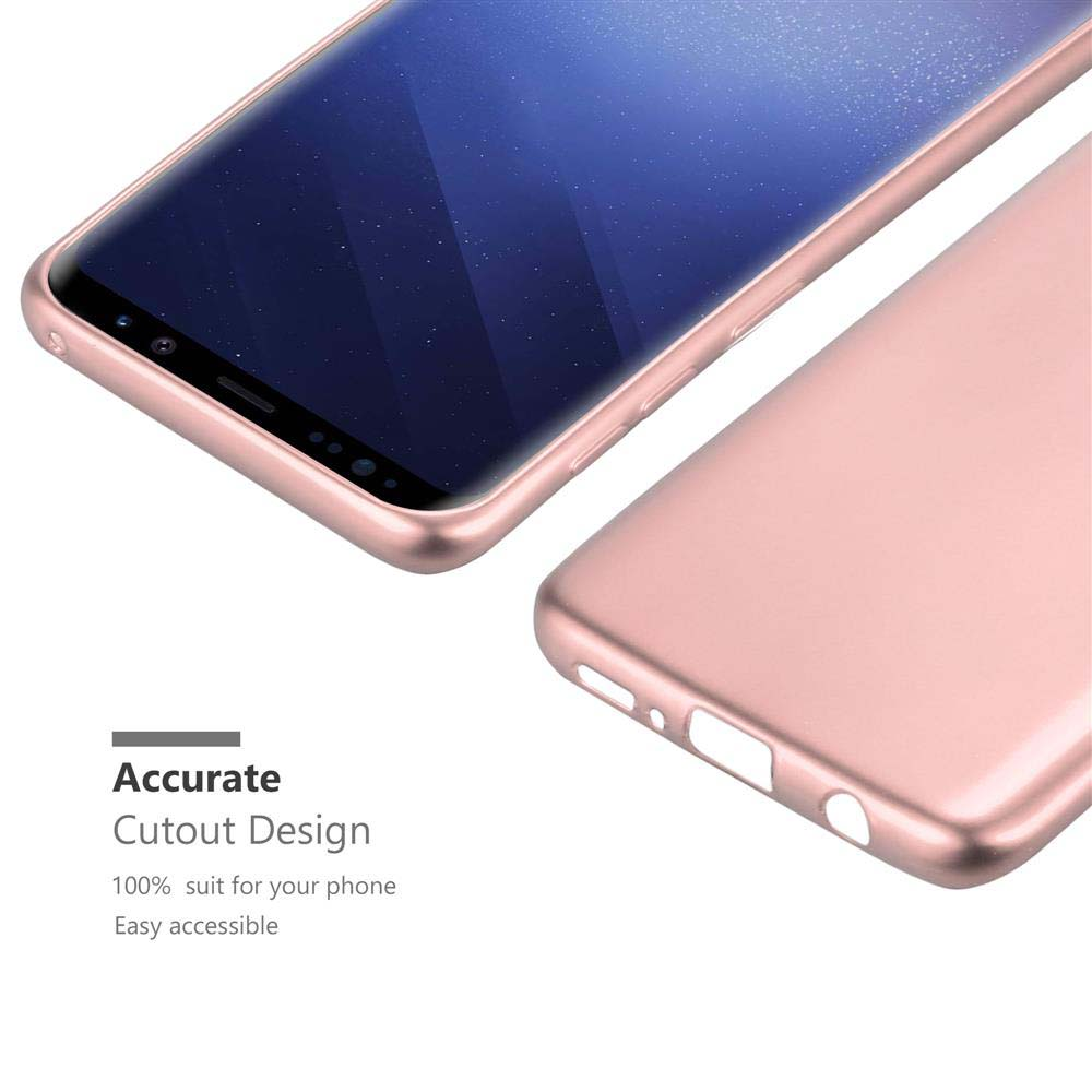 Una custodia per telefono rosa oro accanto a uno smartphone.