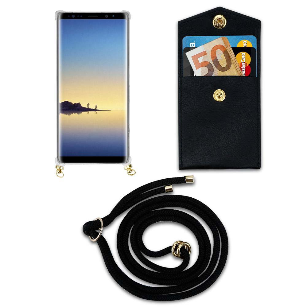 Smartphone in custodia, portafoglio con soldi e carte, cordino nero su sfondo bianco.