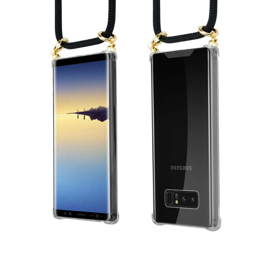 Due smartphone in custodie con cordini, uno mostra lo schermo, uno il retro.