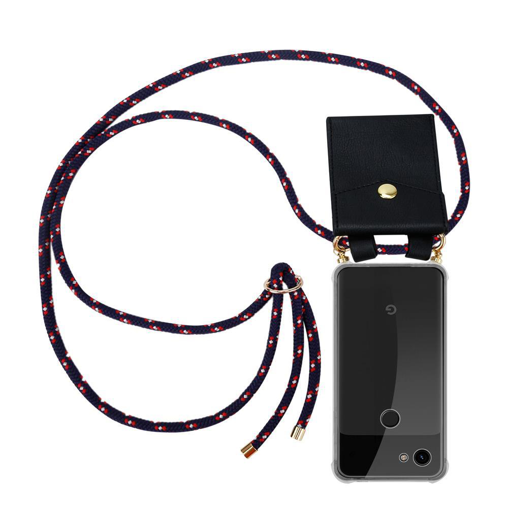 Eine schwarze Tasche mit goldener Schnalle und einem Handy mit Lanyard.