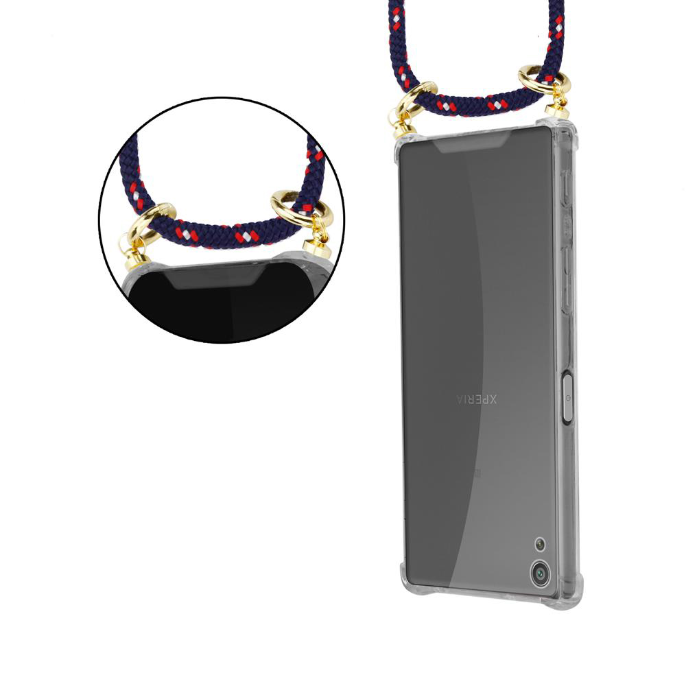 Ein Smartphone mit Lanyard in einer transparenten Hülle auf weißem Hintergrund.