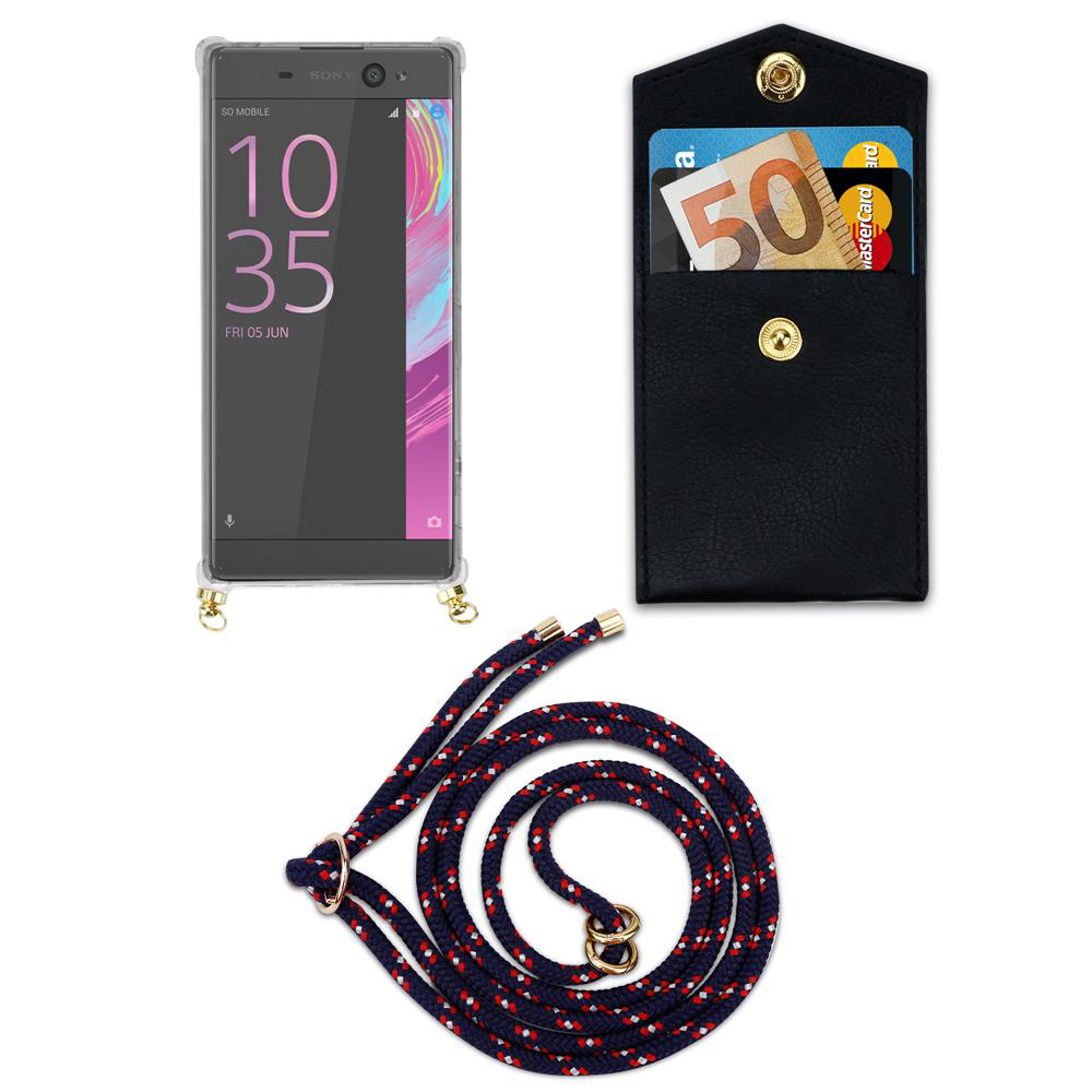 Smartphone mit schwarzer Hülle, Portemonnaie mit Geld und Karten, und Lanyard.
