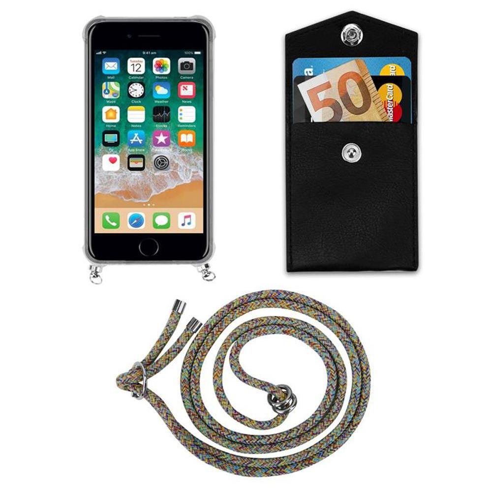 Uno smartphone in custodia, un portafoglio nero con soldi e carta, e un cordino colorato.