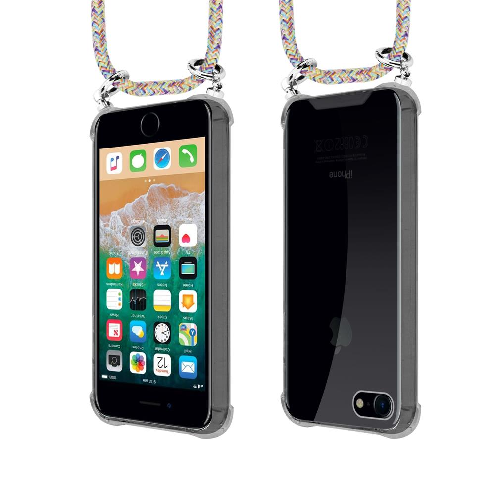 Due viste di un iPhone con cinturino colorato e custodia trasparente.
