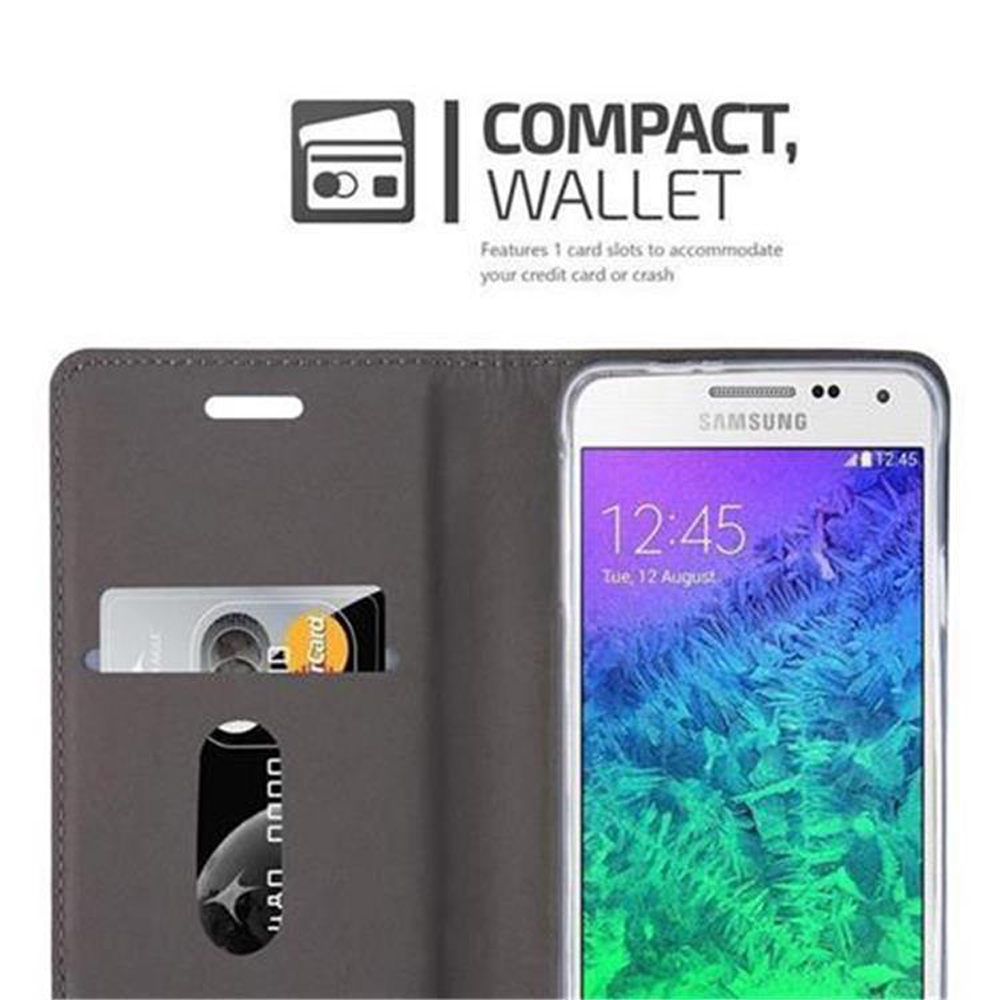 Graue Brieftasche mit Samsung-Handy, zeigt 12:45 Uhr an.