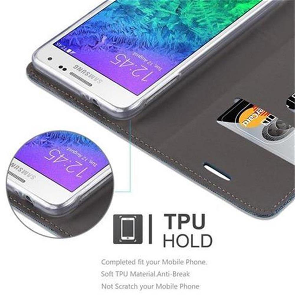 Weißes Samsung-Handy in dunkler grauer Hülle mit Kreditkartenfächern. Uhrzeit 12:45.