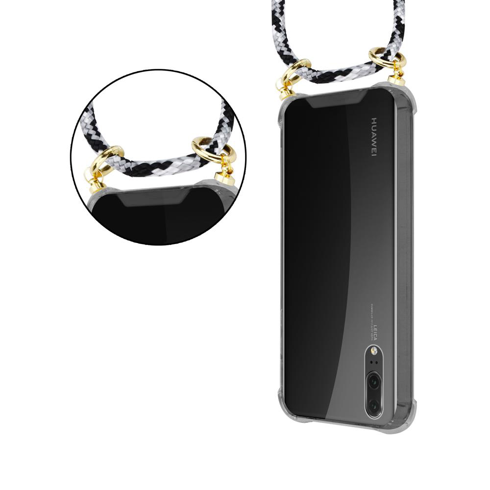 Una custodia trasparente per telefono con un laccio bianco e nero.