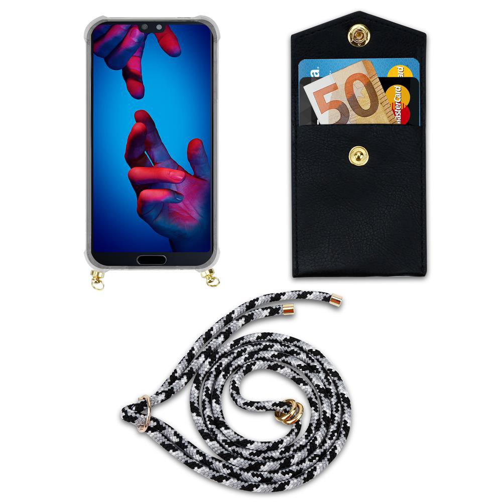 Smartphone con custodia, portafoglio con soldi e carte, e cordino.