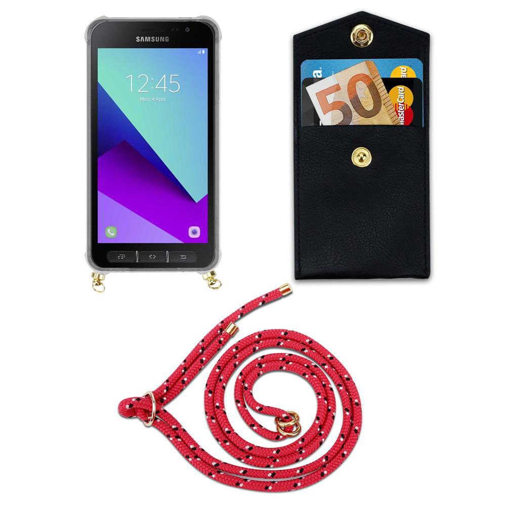 Uno smartphone con corda rossa, soldi e carte in una custodia nera.