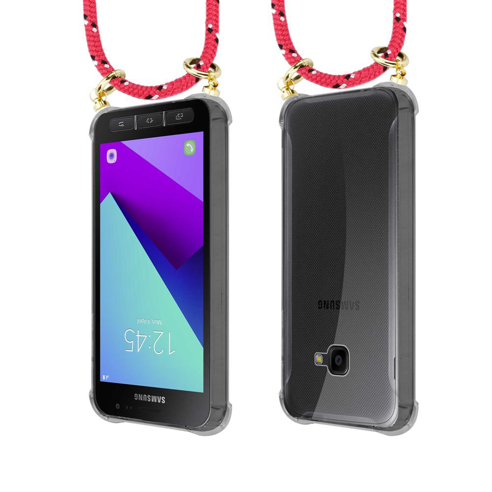 Uno smartphone con cinturino rosso, vista frontale e posteriore.