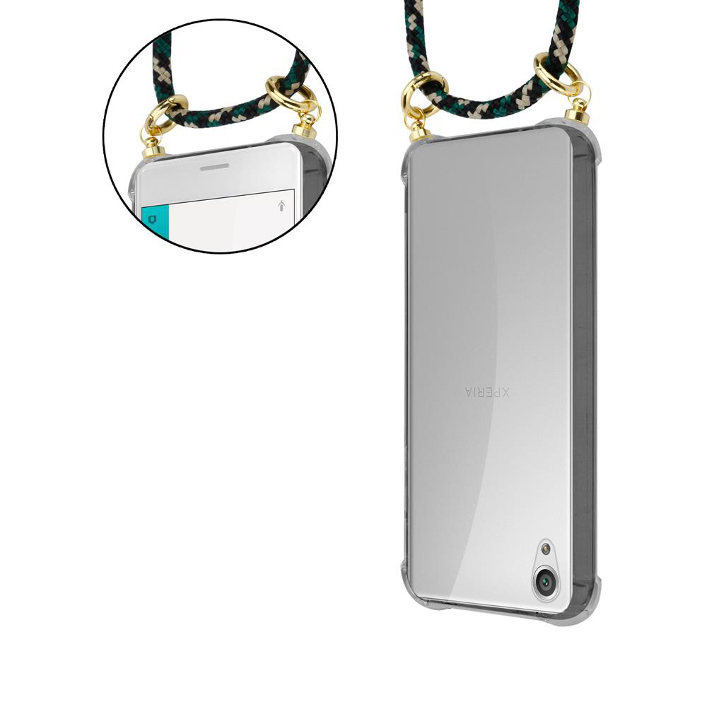 Ein transparentes Handy-Etui mit einem geflochtenen Band, das an beiden Ecken befestigt ist.