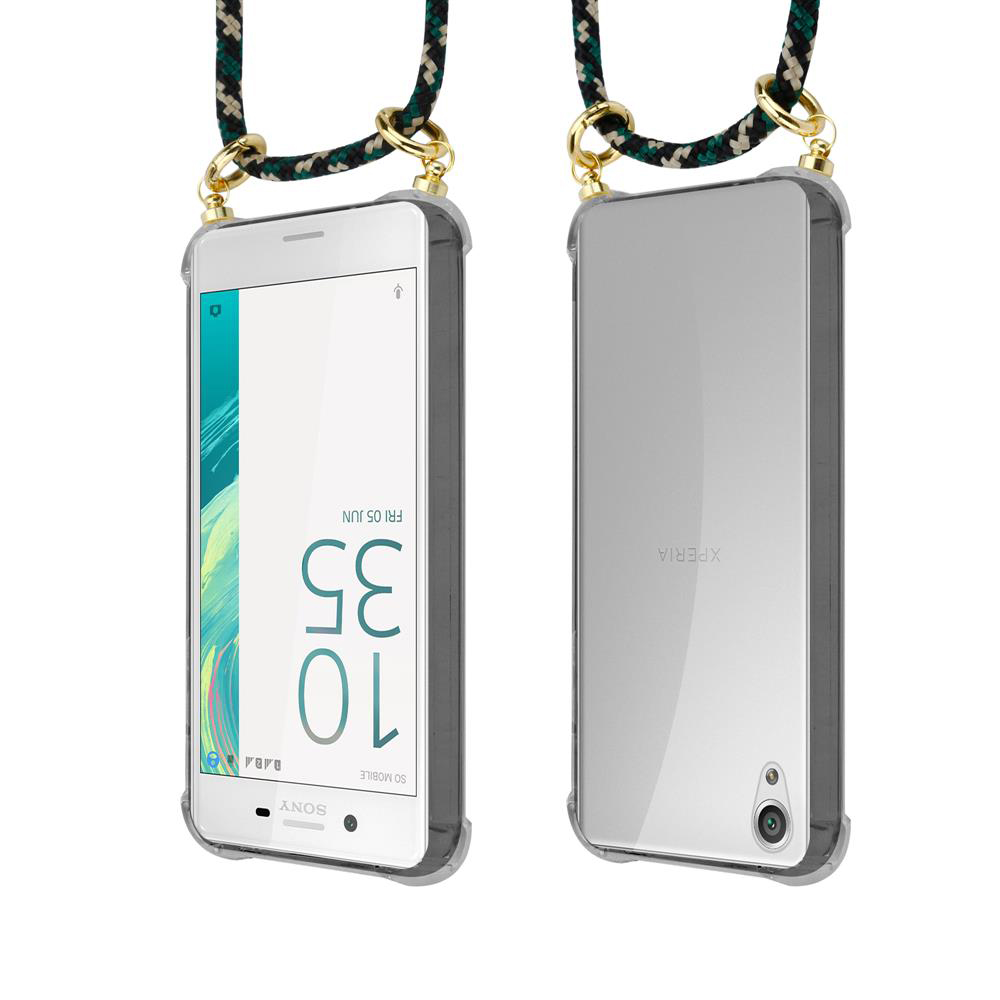 Zwei Sony Xperia Handys mit Band, Vorder- und Rückseite.