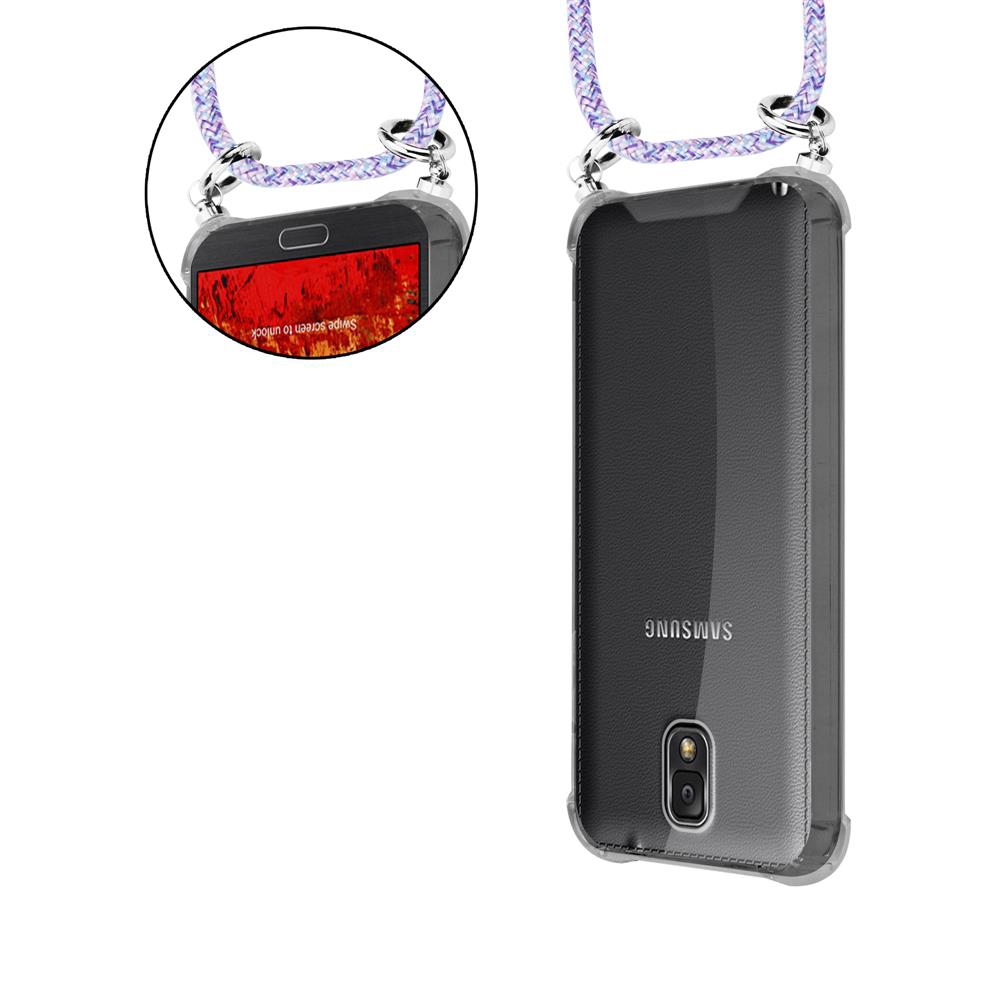 Ein schwarzes Samsung-Handy mit einem transparenten Gehäuse und einem Lanyard.