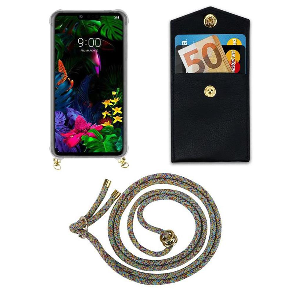 Smartphone mit Hülle, schwarzes Etui mit Geld und Karten, bunte Kordel