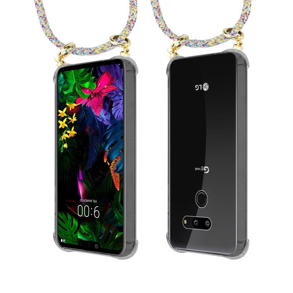 Ein Smartphone mit einem bunten Hintergrund und einer Halskette.