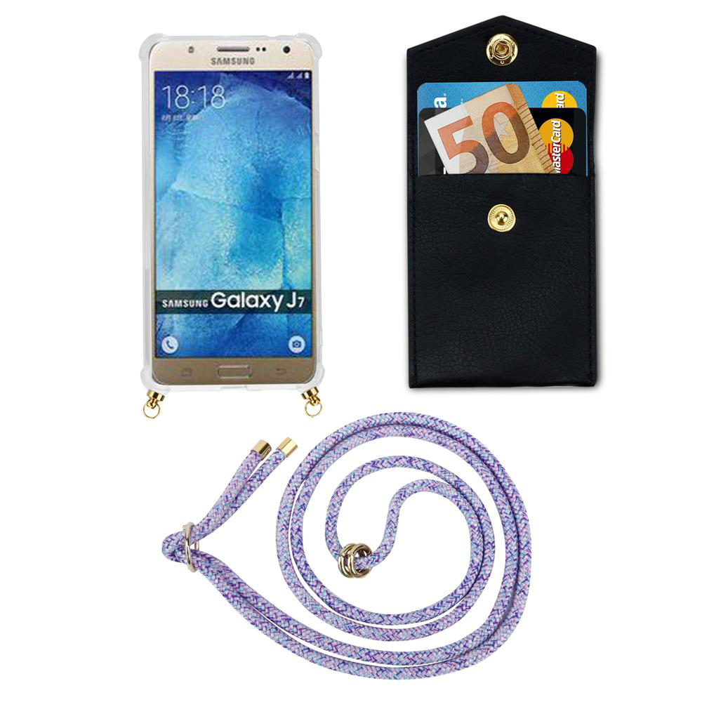 Samsung Galaxy J7 in custodia, portafoglio con soldi e carta, cordino viola.