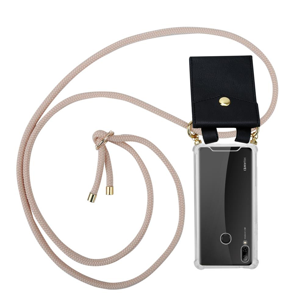 Un cordoncino color crema avvolto attorno a una pochette nera con porta telefono trasparente.