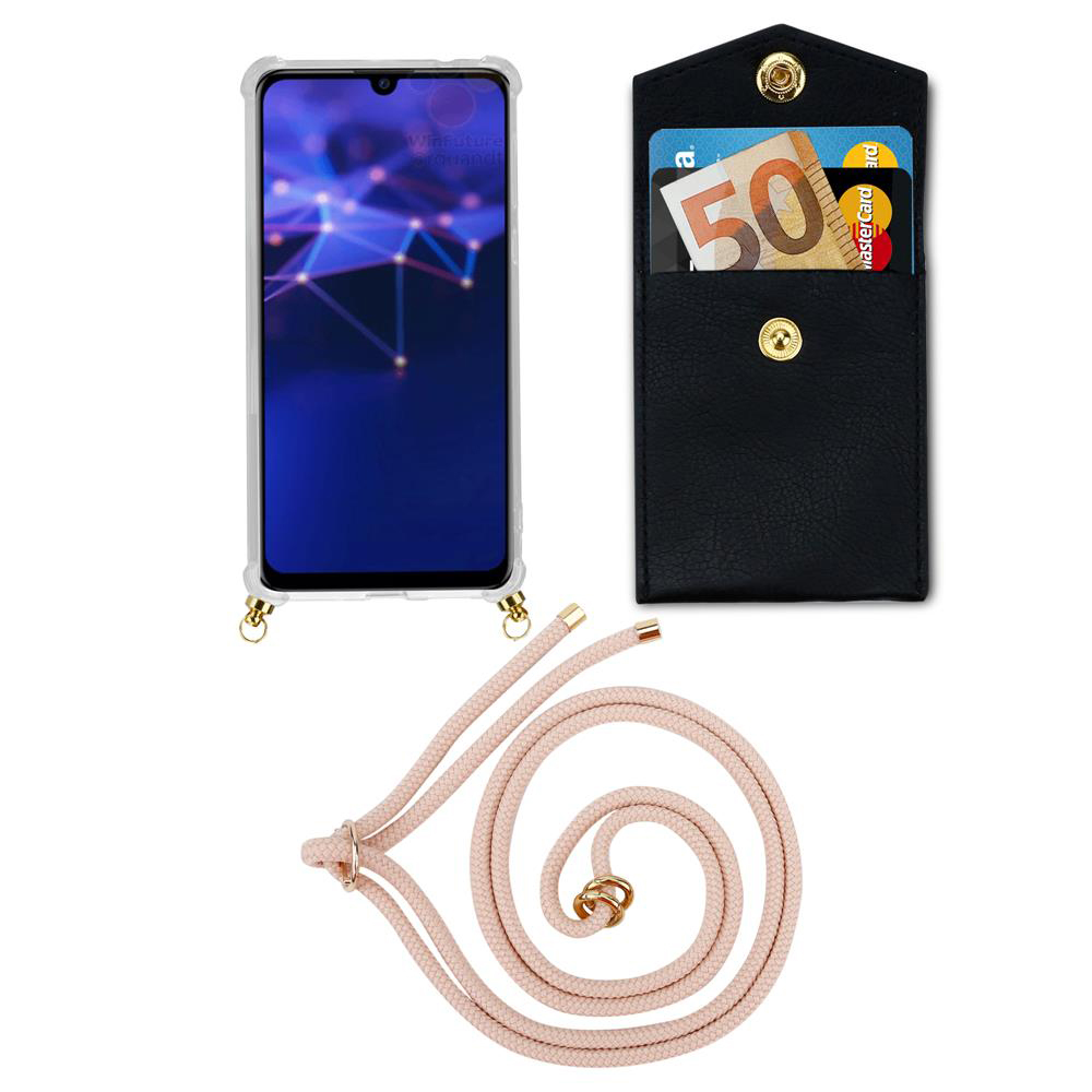 Smartphone in custodia vicino a portafoglio nero con euro e carta. Corda rosa.