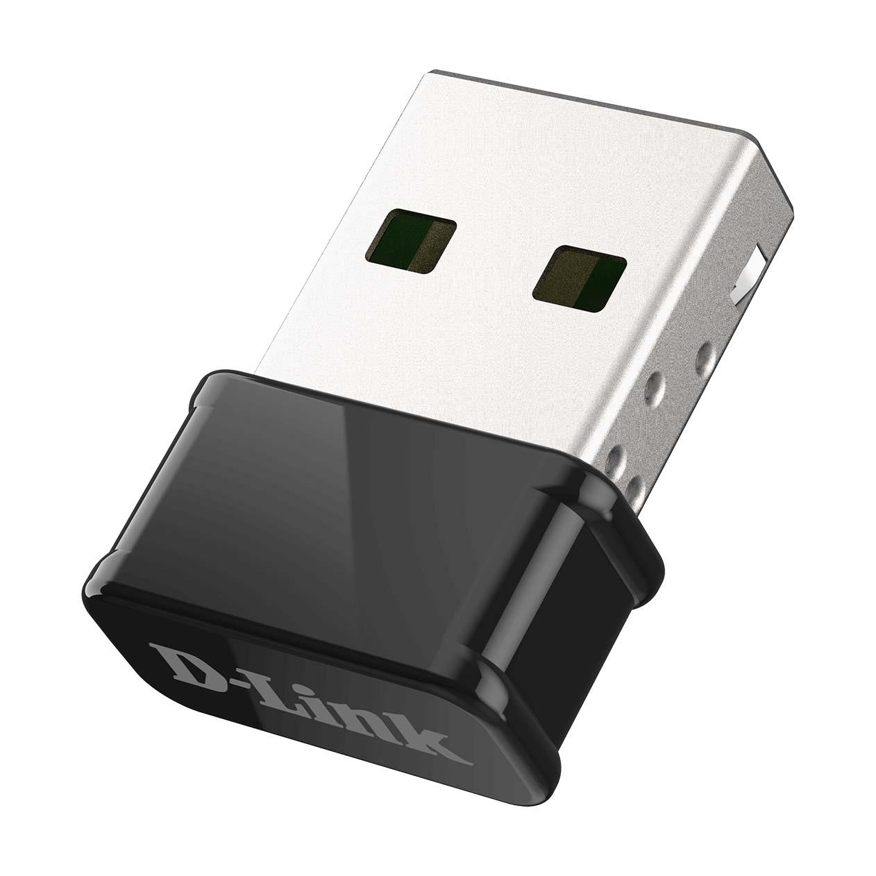 Srebrny adapter Wi-Fi USB z czarną nasadką i logo D-Link.