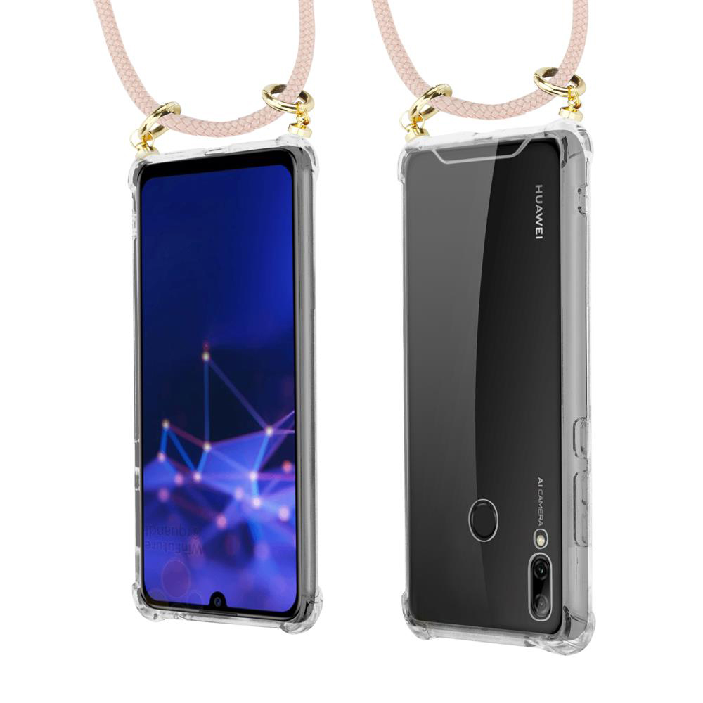 Due telefoni Huawei in custodie trasparenti con laccetti.
