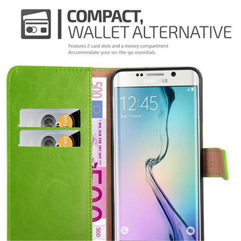Custodia a portafoglio verde con smartphone, 2 tasche per carte e scomparto.