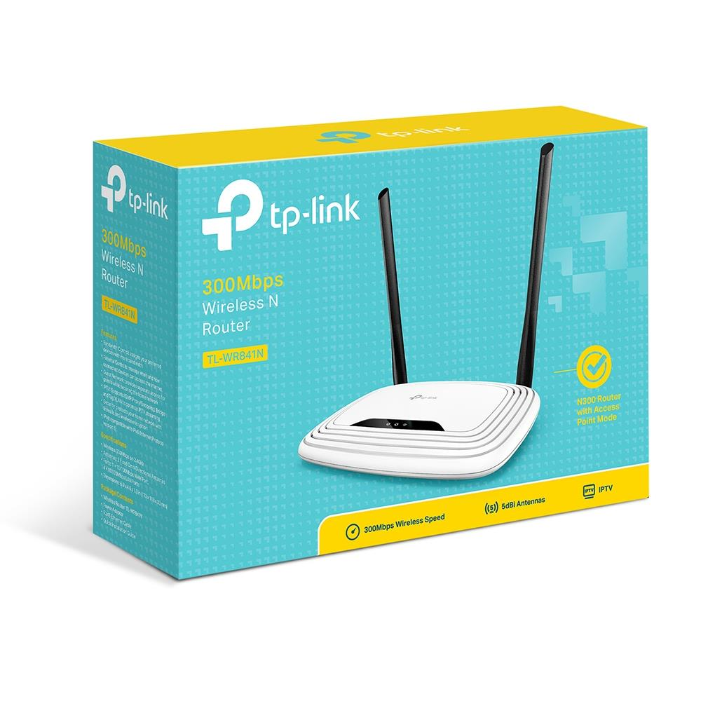 Router TP-Link N300 Wireless N z dwiema antenami na turkusowym opakowaniu.