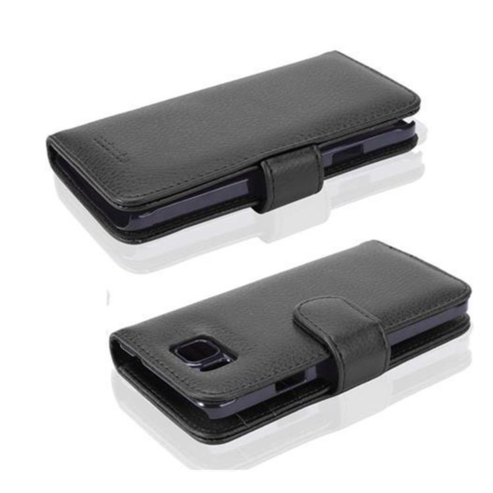 Due custodie nere in pelle per telefono a libro con chiusura a cinghia.