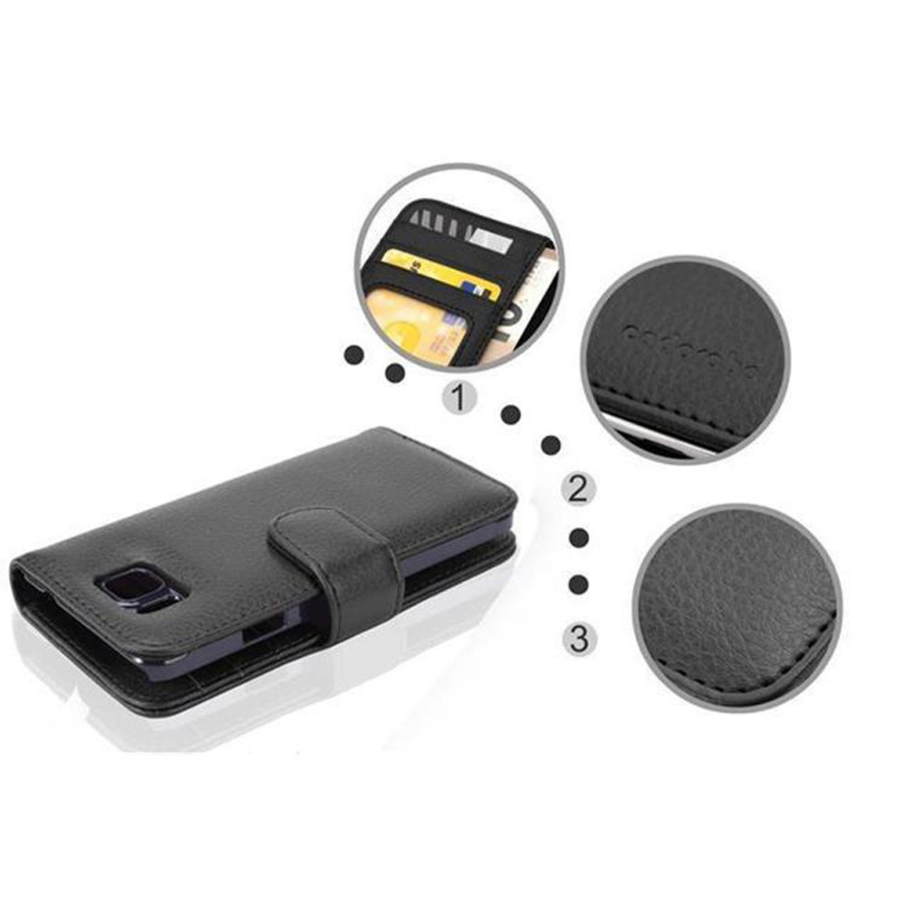 Custodia a portafoglio nera per telefono con slot per carte e viste ravvicinate.