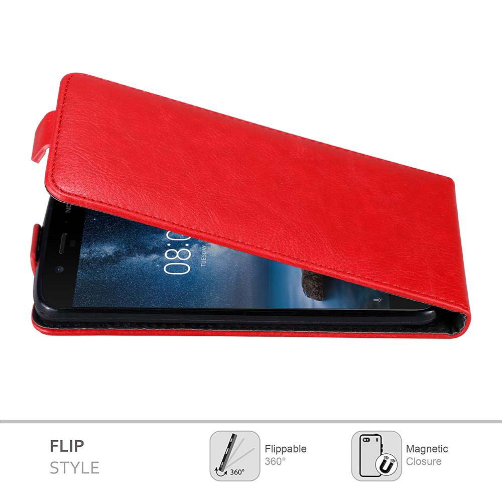 Custodia rossa a flip con chiusura magnetica, mostra le 08:00.
