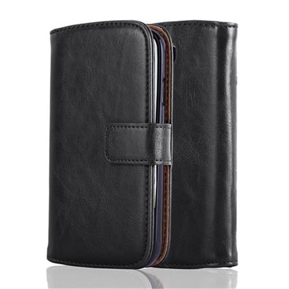 Custodia a libro in pelle nera per smartphone, con chiusura magnetica.