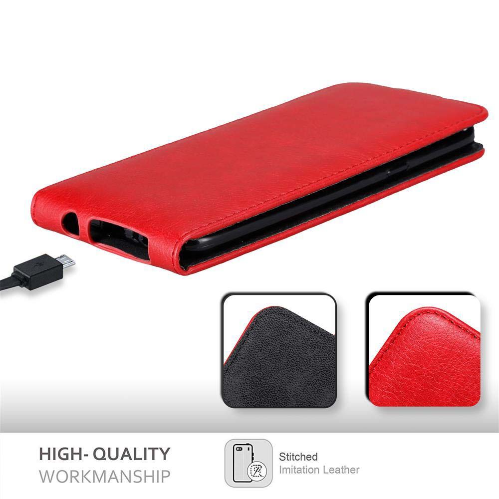 Custodia rossa in finta pelle con cavo USB e viste dettagliate.