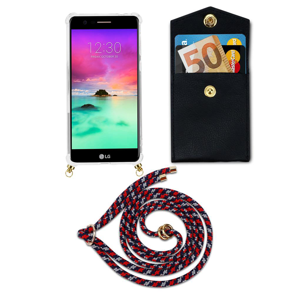 LG-Handy in klarer Hülle, schwarzer Kartenhalter mit Geld und Karten, und Lanyard in Rot/Blau.