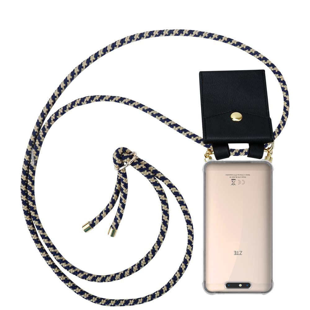Ein Smartphone mit Hülle an einem geflochtenen Lanyard mit schwarzer Tasche.