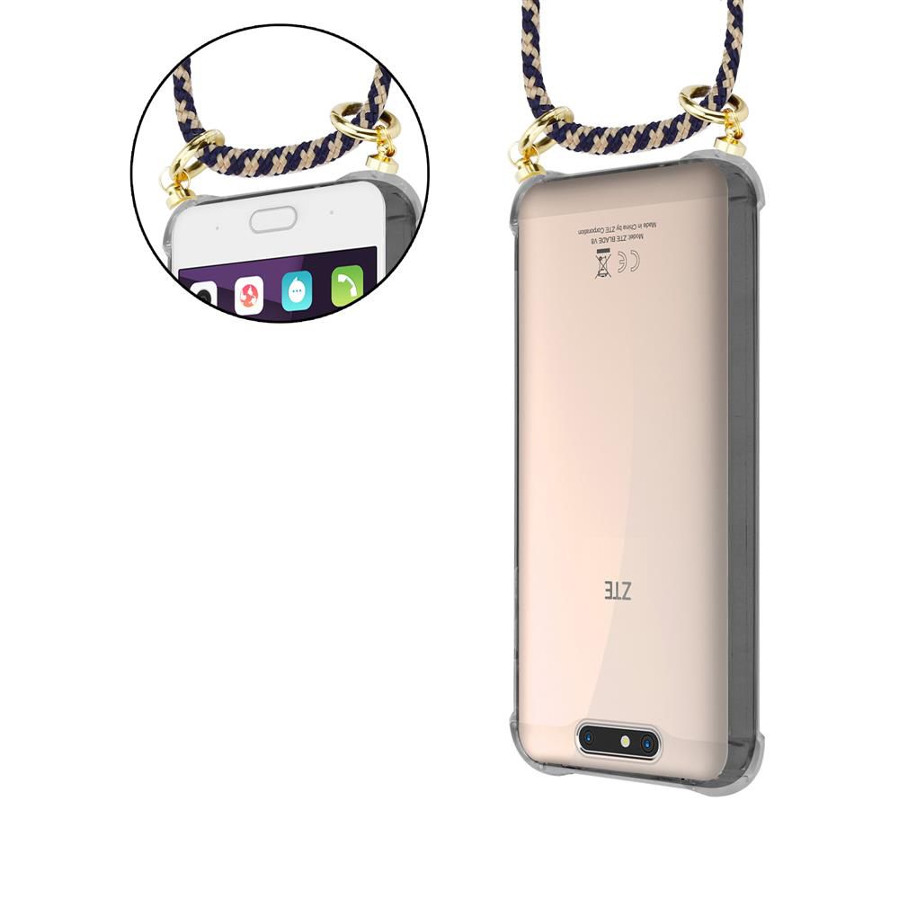 Ein Smartphone mit einem transparenten Gehäuse und einem Lanyard, das vorne und hinten gezeigt wird.